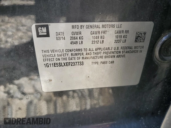 2014 Chevrolet Malibu LT with VIN 1G11E5SLXEF237733, listed as a Copart auction lot 51056895 with 205,530 mi miles and Clean Title. Bid and sale history available at DreamBid. Image 12.