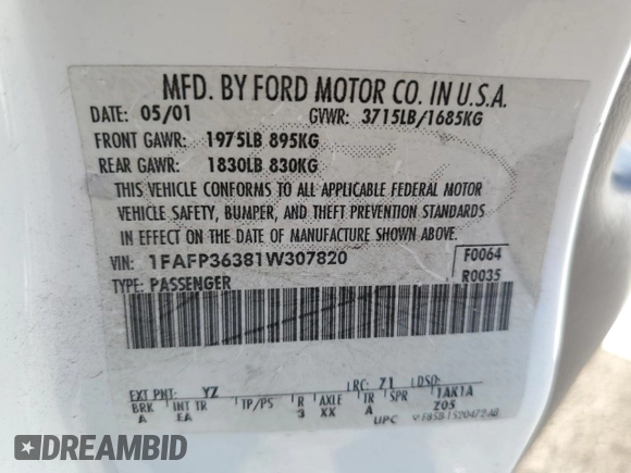 2001 Ford Focus SE with VIN 1FAFP36381W307820, listed as a Copart auction lot 89131375 with Not Provided miles and Salvage Title. Bid and sale history available at DreamBid. Image 14.
