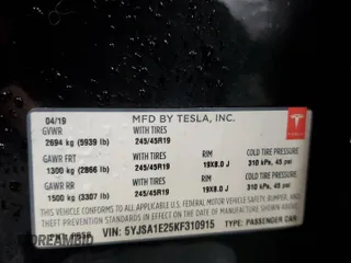 2019 Tesla Model S 75D z VIN 5YJSA1E25KF310915, wystawiony jako Copart lot #58130705 z przebiegiem 61 330 mil mil oraz Szkoda całkowita • Salvage title. Historia ofert i sprzedaży dostępna na DreamBid. Obrazek 14.