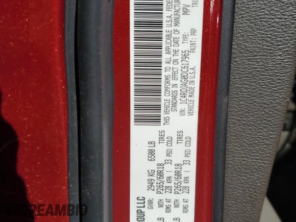 2013 Dodge Durango SXT with VIN 1C4RDJAG0DC617965, listed as a Copart auction lot 53346025 with 184,434 mi miles and Clean Title. Bid and sale history available at DreamBid. Image 13.