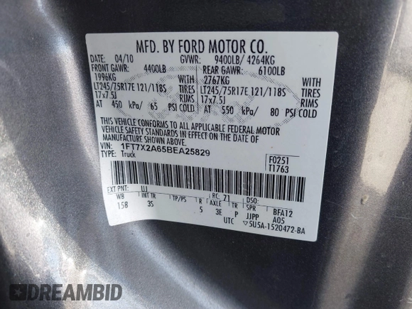 2011 Ford F-250 XL with VIN 1FT7X2A65BEA25829, listed as a IAAI auction lot 41633670 with 214,688 mi miles and . Bid and sale history available at DreamBid. Image 9.