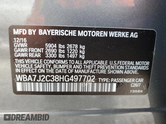 2017 BMW 7 Series 740e xDrive iPerformance with VIN WBA7J2C38HG497702, listed as a Copart auction lot 78249674 with 32,068 mi miles and Clean Title. Bid and sale history available at carsss.com. Image 12.