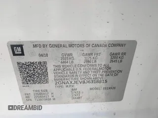 2018 Chevrolet Equinox LT with VIN 2GNAXJEV8J6318815, listed as a IAAI auction lot 41916678 with 64,174 mi miles and . Bid and sale history available at carsss.com. Image 9.
