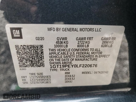 2020 GMC Sierra 2500HD AT4 z VIN 1GT19PEY0LF220676, wystawiony jako Copart lot #51109305 z przebiegiem 45 872 mil mil oraz Szkoda całkowita • Salvage title. Historia ofert i sprzedaży dostępna na DreamBid. Obrazek 12.