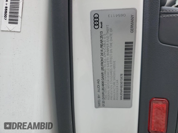 2020 Audi A4 Premium Plus with VIN WAUENAF48LN010478, listed as a Copart auction lot 58715525 with 36,852 mi miles and Non repairable. Bid and sale history available at DreamBid. Image 13.