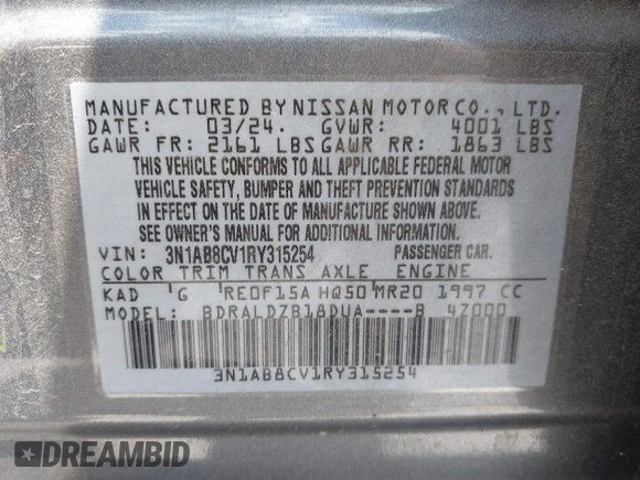 2024 Nissan Sentra SV with VIN 3N1AB8CV1RY315254, listed as a IAAI auction lot 42690988 with 34,080 mi miles and . Bid and sale history available at DreamBid. Image 9.