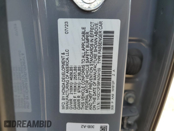 2023 Honda Accord Sport with VIN 1HGCY2F58PA054169, listed as a Copart auction lot 55756215 with 24,150 mi miles and Salvage title. Bid and sale history available at DreamBid. Image 12.