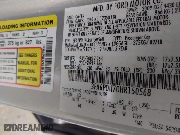 2017 Ford Fusion SE with VIN 3FA6P0H70HR150568, listed as a IAAI auction lot 42012659 with 223,881 mi miles and . Bid and sale history available at DreamBid. Image 9.
