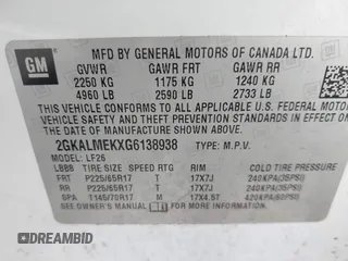2016 GMC Terrain SLE with VIN 2GKALMEKXG6138938, listed as a IAAI auction lot 42169737 with 121,061 mi miles and . Bid and sale history available at carsss.com. Image 9.