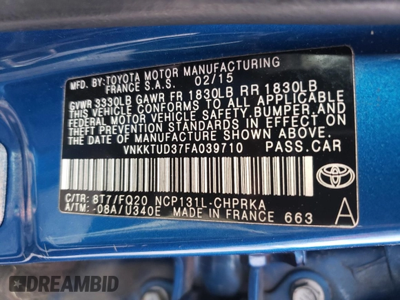 2015 Toyota Yaris L z VIN VNKKTUD37FA039710, wystawiony jako Copart lot #53403255 z przebiegiem 261 266 mil mil oraz Szkoda całkowita • Salvage title. Historia ofert i sprzedaży dostępna na DreamBid. Obrazek 12.