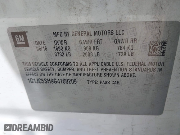 2016 Chevrolet Sonic LT with VIN 1G1JC5SH9G4168209, listed as a IAAI auction lot 42567065 with 175,845 mi miles and . Bid and sale history available at DreamBid. Image 9.