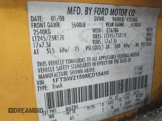 2008 Ford F-250 XL with VIN 1FTSW21598ED15410, listed as a IAAI auction lot 39429781 with 322,770 mi miles and . Bid and sale history available at DreamBid. Image 9.