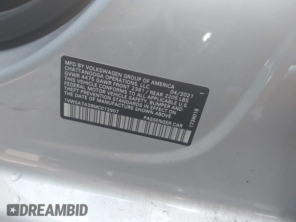2021 Volkswagen Passat SE with VIN 1VWSA7A38MC012907, listed as a IAAI auction lot 42581889 with 76,001 mi miles and . Bid and sale history available at DreamBid. Image 9.
