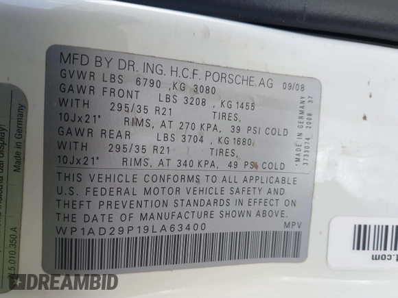2009 Porsche Cayenne GTS with VIN WP1AD29P19LA63400, listed as a IAAI auction lot 41629130 with 165,932 mi miles and . Bid and sale history available at DreamBid. Image 9.