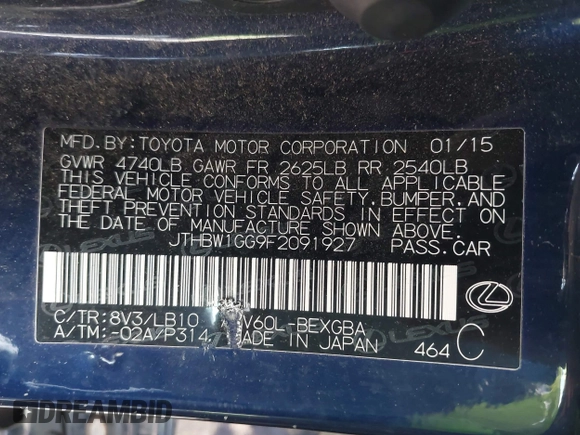 2015 Lexus ES 300h z VIN JTHBW1GG9F2091927, wystawiony jako IAAI lot #41933816 z przebiegiem 122 934 mil mil oraz . Historia ofert i sprzedaży dostępna na DreamBid. Obrazek 9.