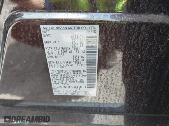 2019 Nissan Pathfinder SL z VIN 5N1DR2MN3KC581063, wystawiony jako IAAI lot #42311710 z przebiegiem 142 252 mil mil oraz . Historia ofert i sprzedaży dostępna na DreamBid. Obrazek 9.