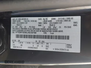 2020 Ford F-150 XL with VIN 1FTEW1E56LKE34768, listed as a IAAI auction lot 41807705 with 83,898 mi miles and . Bid and sale history available at DreamBid. Image 9.
