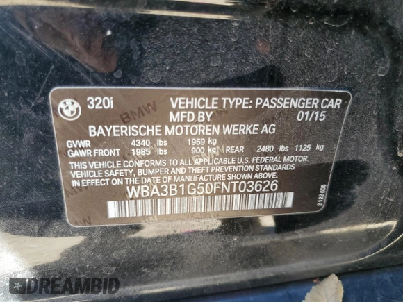 2015 BMW 3 Series 320i with VIN WBA3B1G50FNT03626, listed as a Copart auction lot 50405815 with 139,803 mi miles and Clean Title. Bid and sale history available at carsss.com. Image 12.