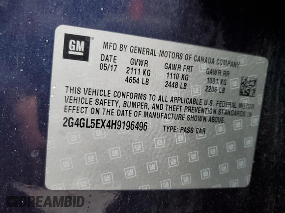 2017 Buick Regal Sport Touring with VIN 2G4GL5EX4H9196496, listed as a Copart auction lot 52762705 with 54,553 mi miles and Salvage Title. Bid and sale history available at DreamBid. Image 12.