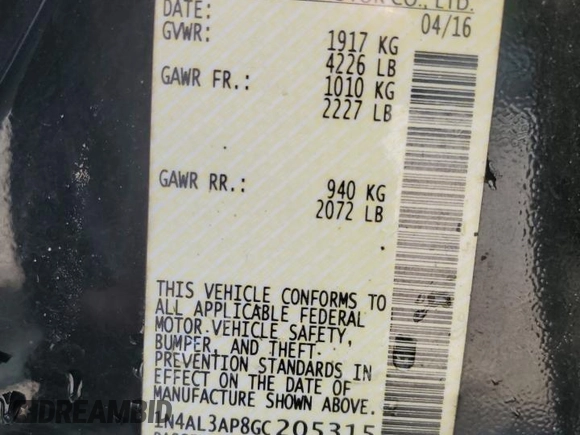 2016 Nissan Altima SR with VIN 1N4AL3AP8GC205315, listed as a Copart auction lot 60294725 with 178,073 mi miles and Salvage title. Bid and sale history available at DreamBid. Image 13.