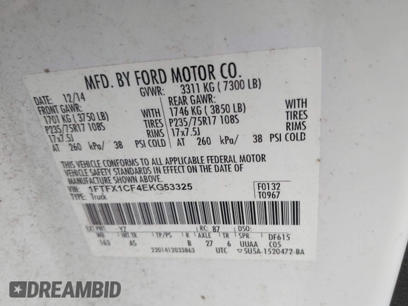 2014 Ford F-150 XL with VIN 1FTFX1CF4EKG53325, listed as a IAAI auction lot 41060015 with 216,554 mi miles. Bid and sale history available at carsss.com. Image 9.