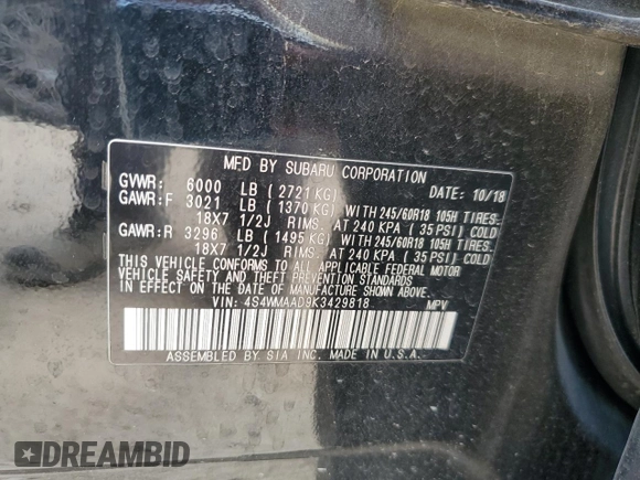 2019 Subaru Ascent with VIN 4S4WMAAD9K3429818, listed as a Copart auction lot 53173825 with 65,807 mi miles and Clean title. Bid and sale history available at DreamBid. Image 13.