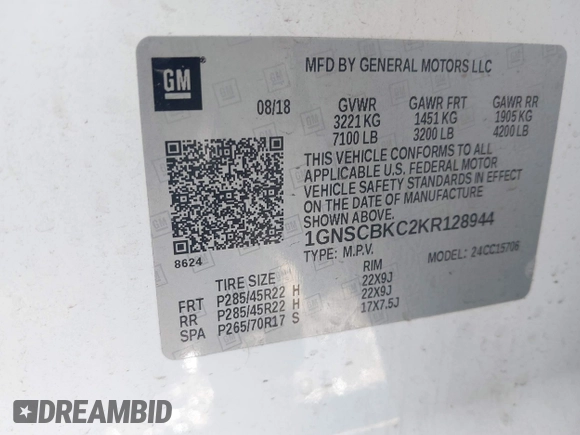 2019 Chevrolet Tahoe LT with VIN 1GNSCBKC2KR128944, listed as a IAAI auction lot 42600686 with 92,980 mi miles and . Bid and sale history available at DreamBid. Image 9.