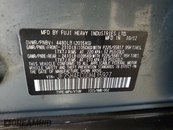 2013 Subaru Forester X Limited with VIN JF2SHAEC0DH435927, listed as a Copart auction lot 55573185 with 90,116 mi miles and Salvage title. Bid and sale history available at DreamBid. Image 14.