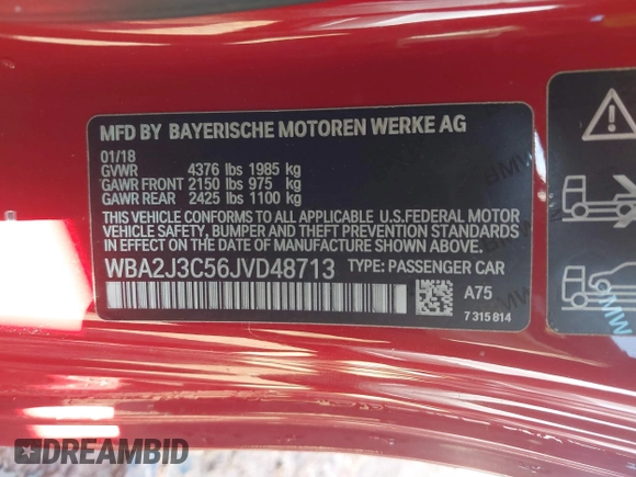 2018 BMW 2 Series 230i xDrive with VIN WBA2J3C56JVD48713, listed as a IAAI auction lot 41861277 with 103,706 mi miles and . Bid and sale history available at carsss.com. Image 9.