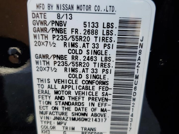 2013 Nissan Murano LE with VIN JN8AZ1MU6DW214317, listed as a Copart auction lot 53130765 with 121,922 mi miles and Clean Title. Bid and sale history available at carsss.com. Image 13.