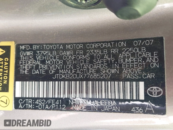 2007 Toyota Prius with VIN JTDKB20UX77685207, listed as a IAAI auction lot 42034365 with 133,649 mi miles and . Bid and sale history available at DreamBid. Image 9.