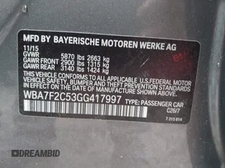 2016 BMW 7 Series 750i xDrive with VIN WBA7F2C53GG417997, listed as a IAAI auction lot 41926307 with 92,734 mi miles. Bid and sale history available at carsss.com. Image 9.