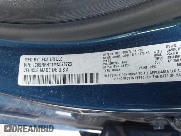 2021 Ram 1500 Limited with VIN 1C6SRFHT1MN578723, listed as a IAAI auction lot 41948681 with 75,715 mi miles and . Bid and sale history available at DreamBid. Image 9.