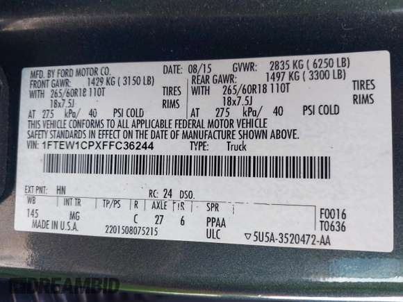 2015 Ford F-150 XL with VIN 1FTEW1CPXFFC36244, listed as a IAAI auction lot 41536223 with 122,351 mi miles. Bid and sale history available at carsss.com. Image 9.