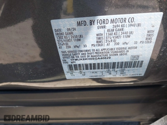 2025 Ford Explorer ST-Line with VIN 1FMUK8KH0SGA40629, listed as a IAAI auction lot 42305808 with 10,078 mi miles and . Bid and sale history available at DreamBid. Image 9.