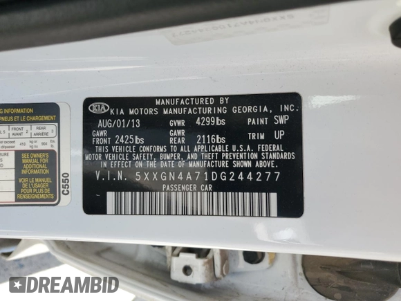 2013 Kia Optima EX with VIN 5XXGN4A71DG244277, listed as a Copart auction lot 56191925 with 147,641 mi miles and Salvage title. Bid and sale history available at DreamBid. Image 12.