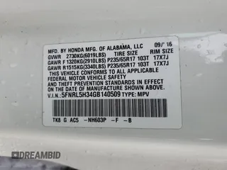 2016 Honda Odyssey SE with VIN 5FNRL5H34GB140509, listed as a Copart auction lot 51655735 with Not Provided miles and Salvage Title. Bid and sale history available at DreamBid. Image 14.