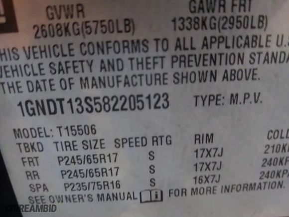 2008 Chevrolet TrailBlazer Fleet w/2FL with VIN 1GNDT13S582205123, listed as a IAAI auction lot 41697053 with 123,097 mi miles. Bid and sale history available at carsss.com. Image 9.