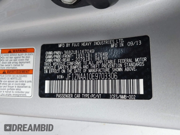 2014 Scion FR-S with VIN JF1ZNAA10E9703306, listed as a IAAI auction lot 42011748 with 83,128 mi miles and . Bid and sale history available at DreamBid. Image 9.