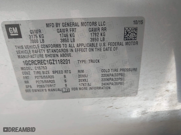 2016 Chevrolet Silverado 1500 LT with VIN 1GCRCREC1GZ118201, listed as a IAAI auction lot 40615949 with 170,050 mi miles. Bid and sale history available at carsss.com. Image 9.