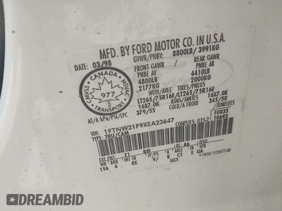 1999 Ford F-250 XL с VIN 1FTNW21F9XEA23647, выставлен на аукционе IAAI как лот 42326497 с пробегом 393 578 миль миль и . История ставок и продаж доступна на DreamBid. Изображение 9.