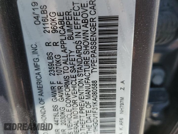 2019 Honda Accord Sport with VIN 1HGCV1F31KA080588, listed as a Copart auction lot 52053795 with 137,268 mi miles and Salvage Title. Bid and sale history available at DreamBid. Image 14.