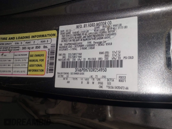2013 Ford Fusion SE with VIN 3FA6P0H7XDR254950, listed as a IAAI auction lot 42183661 with 212,195 mi miles and . Bid and sale history available at DreamBid. Image 9.