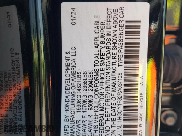 2024 Honda Accord EX with VIN 1HGCY1F32RA037105, listed as a Copart auction lot 59366475 with Not provided miles and Salvage title. Bid and sale history available at DreamBid. Image 12.