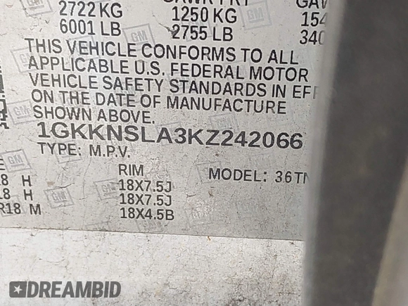 2019 GMC Acadia SLE with VIN 1GKKNSLA3KZ242066, listed as a IAAI auction lot 41421806 with 157,790 mi miles and . Bid and sale history available at DreamBid. Image 9.