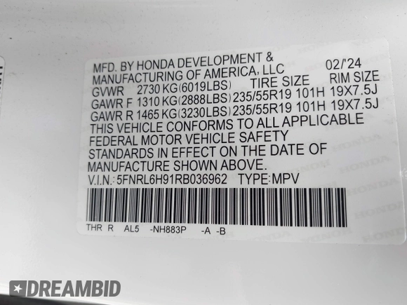 2024 Honda Odyssey Elite with VIN 5FNRL6H91RB036962, listed as a IAAI auction lot 41780441 with 16,455 mi miles. Bid and sale history available at carsss.com. Image 9.