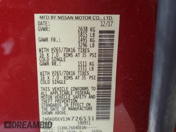 2018 Nissan Frontier Pro-4X with VIN 1N6AD0EV1JN726531, listed as a Copart auction lot 51453735 with 158,362 mi miles and Salvage title. Bid and sale history available at DreamBid. Image 12.