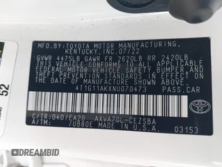 2022 Toyota Camry SE with VIN 4T1G11AKXNU070473, listed as a IAAI auction lot 41937541 with 57,598 mi miles and . Bid and sale history available at DreamBid. Image 9.
