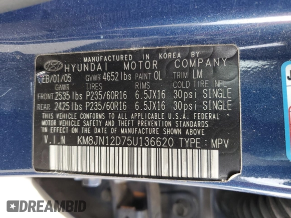 2005 Hyundai Tucson GLS with VIN KM8JN12D75U136620, listed as a Copart auction lot 73579764 with 63,305 mi miles and Salvage Title. Bid and sale history available at carsss.com. Image 13.