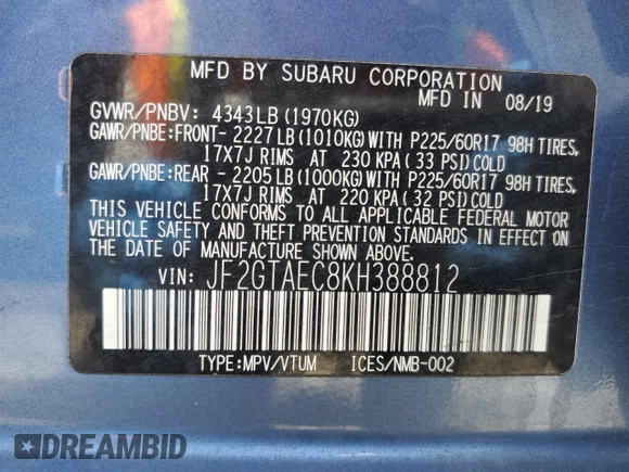 2019 Subaru Crosstrek Premium z VIN JF2GTAEC8KH388812, wystawiony jako Copart lot #59234445 z przebiegiem 47 679 mil mil oraz Szkoda całkowita • Salvage title. Historia ofert i sprzedaży dostępna na DreamBid. Obrazek 12.